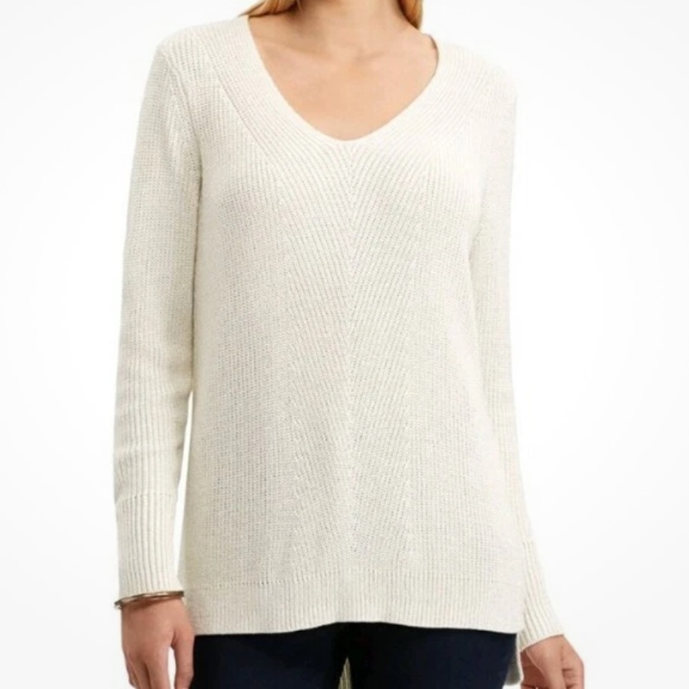 Chaps Pine Lodge Cream Sweater Women’s Size Large V Neck Metallic Thread